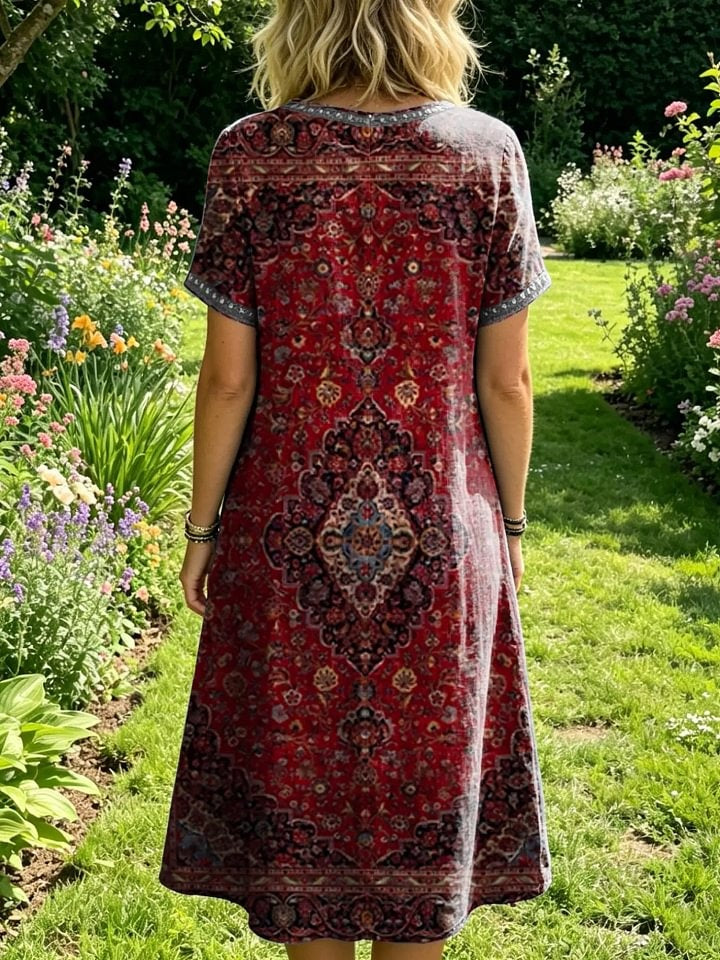 Women's Vintage Ethnic-Print Artistic Openwork Round-Neck Short-Sleeve Dress