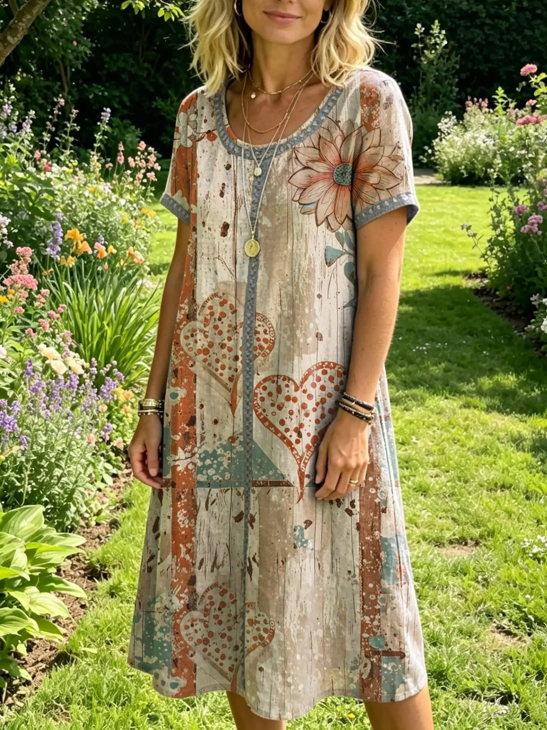 Women's Short-sleeve Round-neck Dress With Artistic Floral Print And Cutout Details