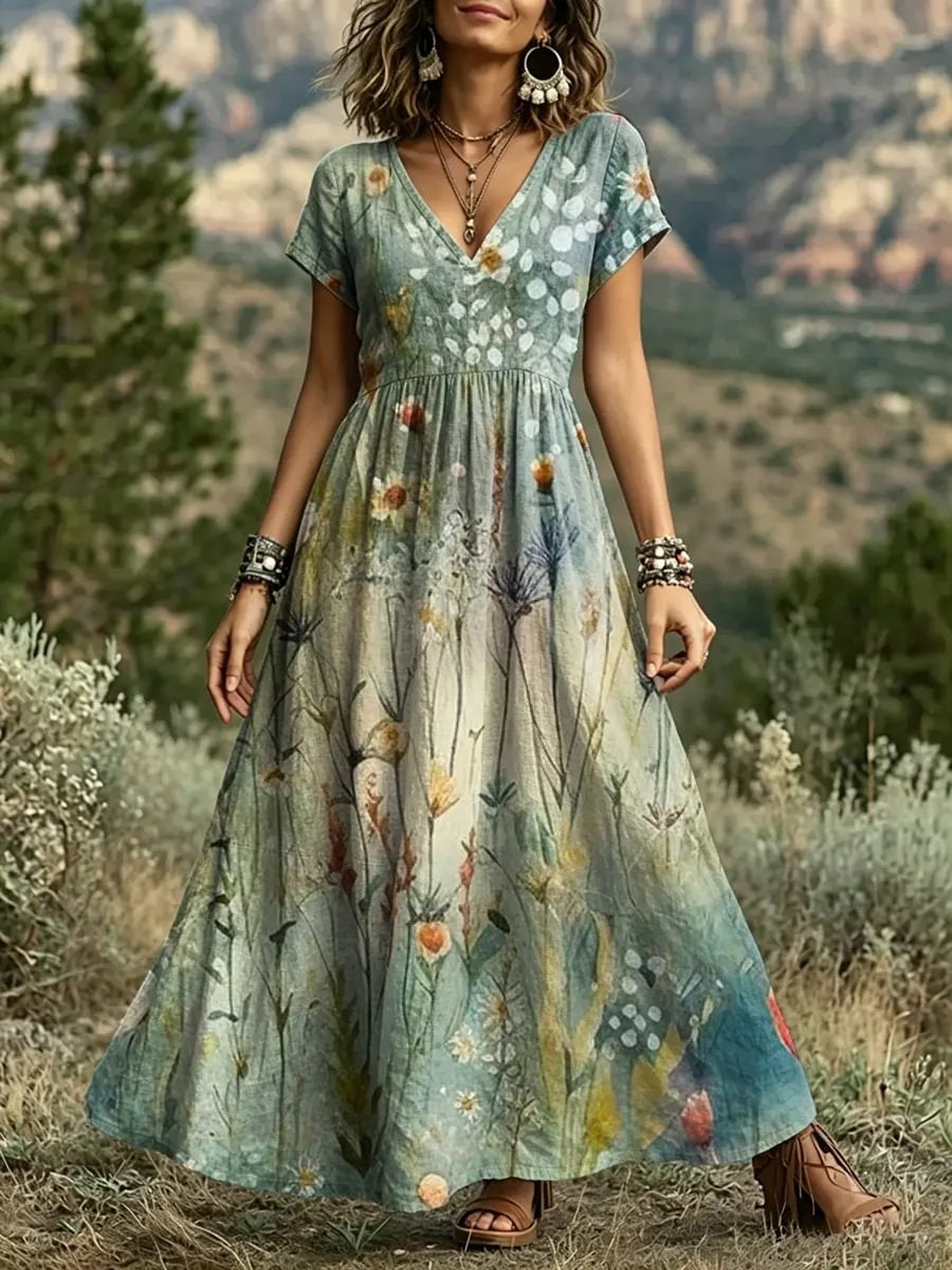 Women's Watercolor Wildflower Meadow Print Cotton V-Neck Maxi Dress