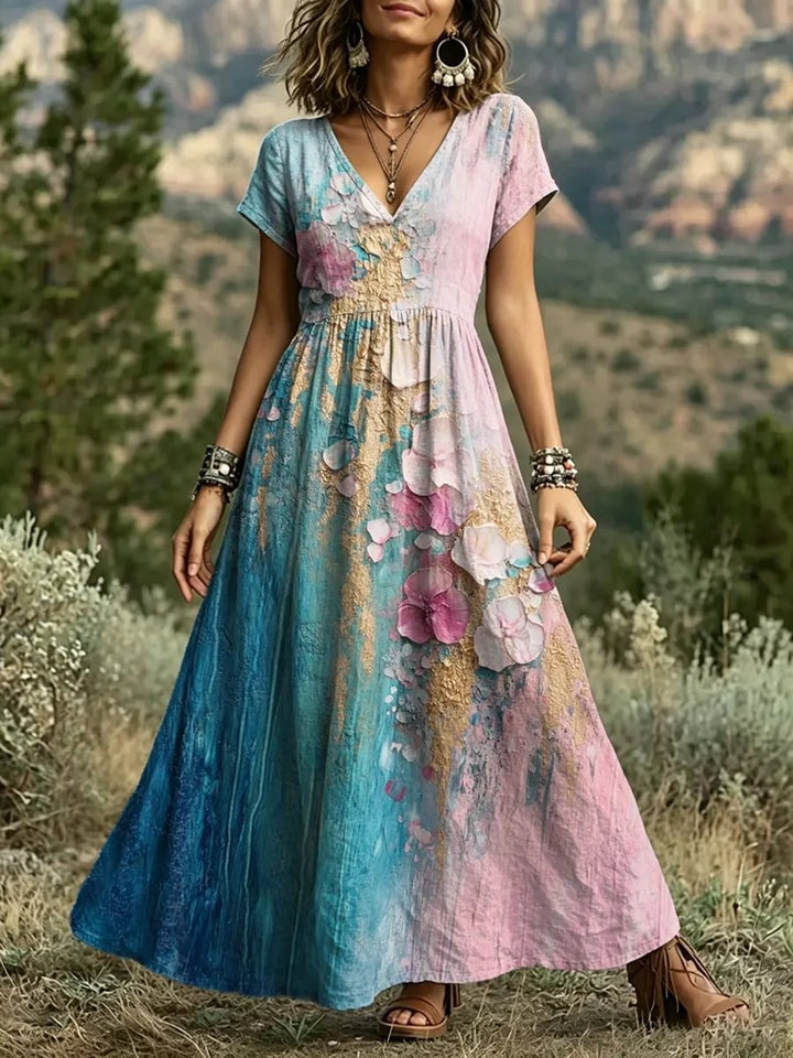 Women's Gradient Watercolor Petal Print Cotton V-Neck Maxi Dress