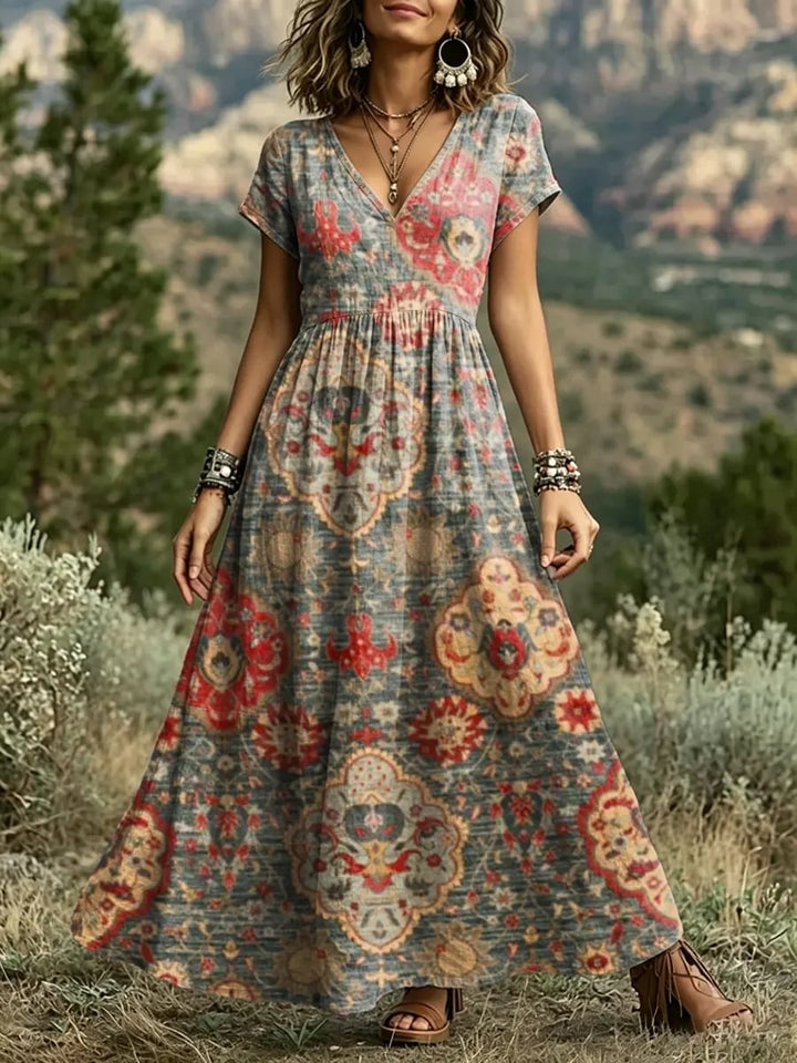 Women's Boho Ethnic Print Cotton V-Neck Maxi Dress