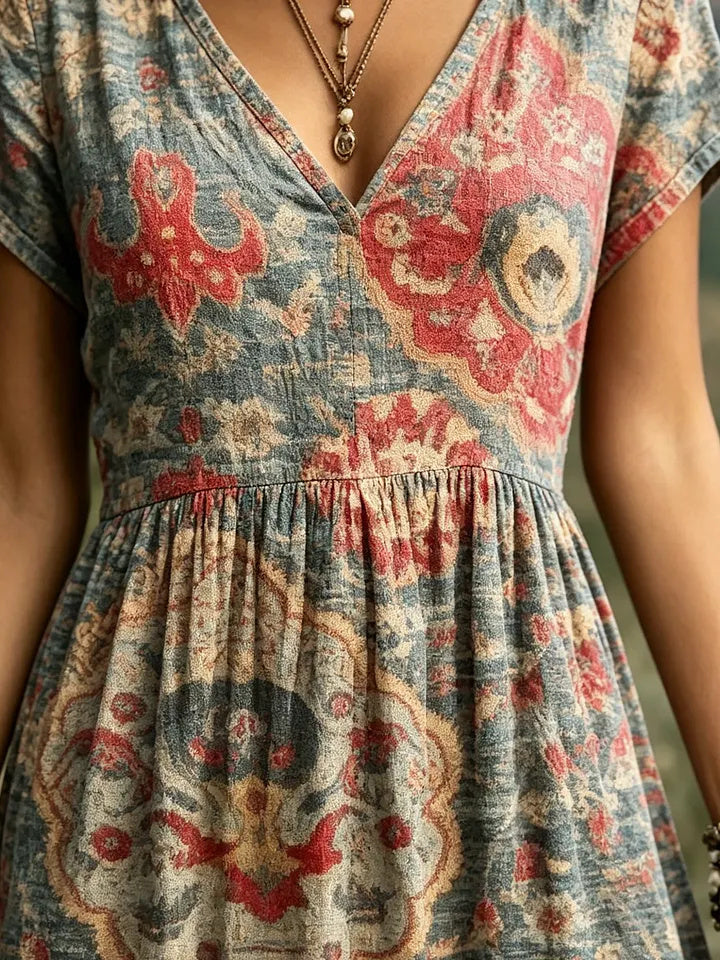 Women's Boho Ethnic Print Cotton V-Neck Maxi Dress