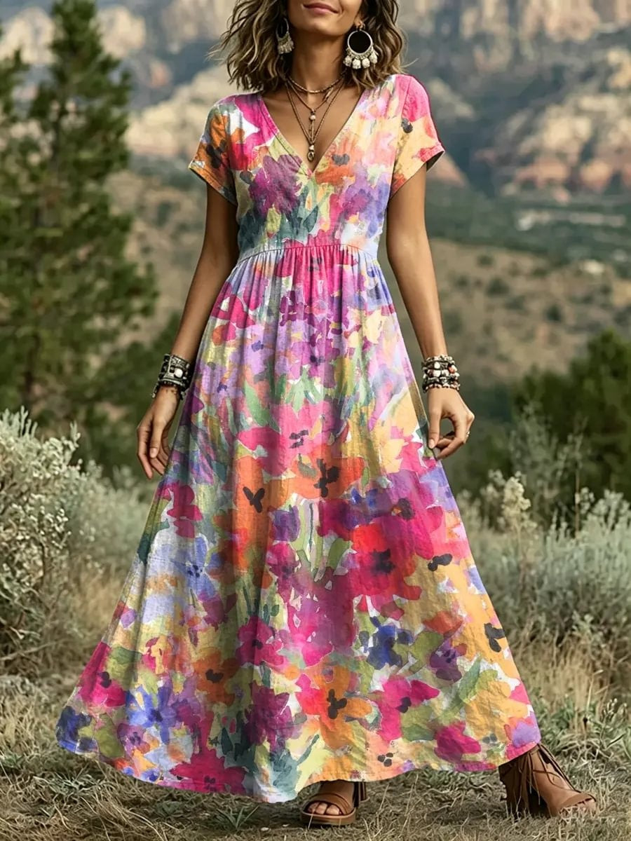 Women's Watercolor Impressionist Floral Print Cotton V-Neck Maxi Dress