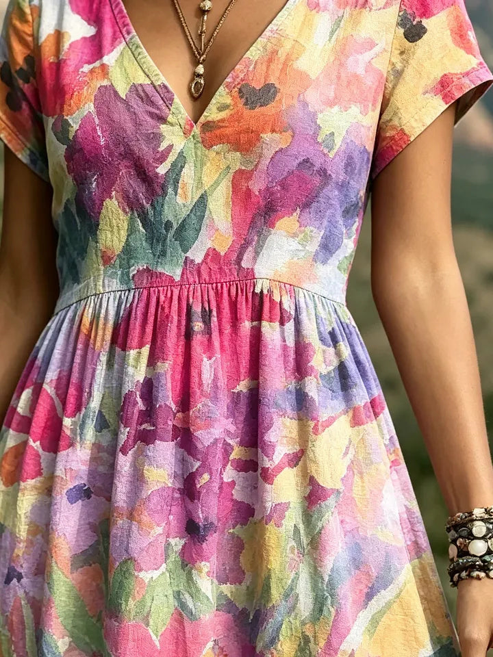 Women's Watercolor Impressionist Floral Print Cotton V-Neck Maxi Dress