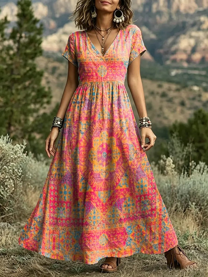 Women's Mandala Geometric Tie-Dye Print Cotton V-Neck Maxi Dress