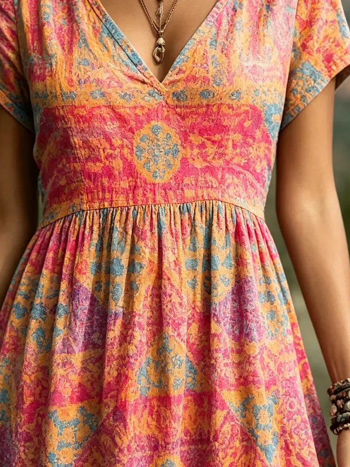 Women's Mandala Geometric Tie-Dye Print Cotton V-Neck Maxi Dress