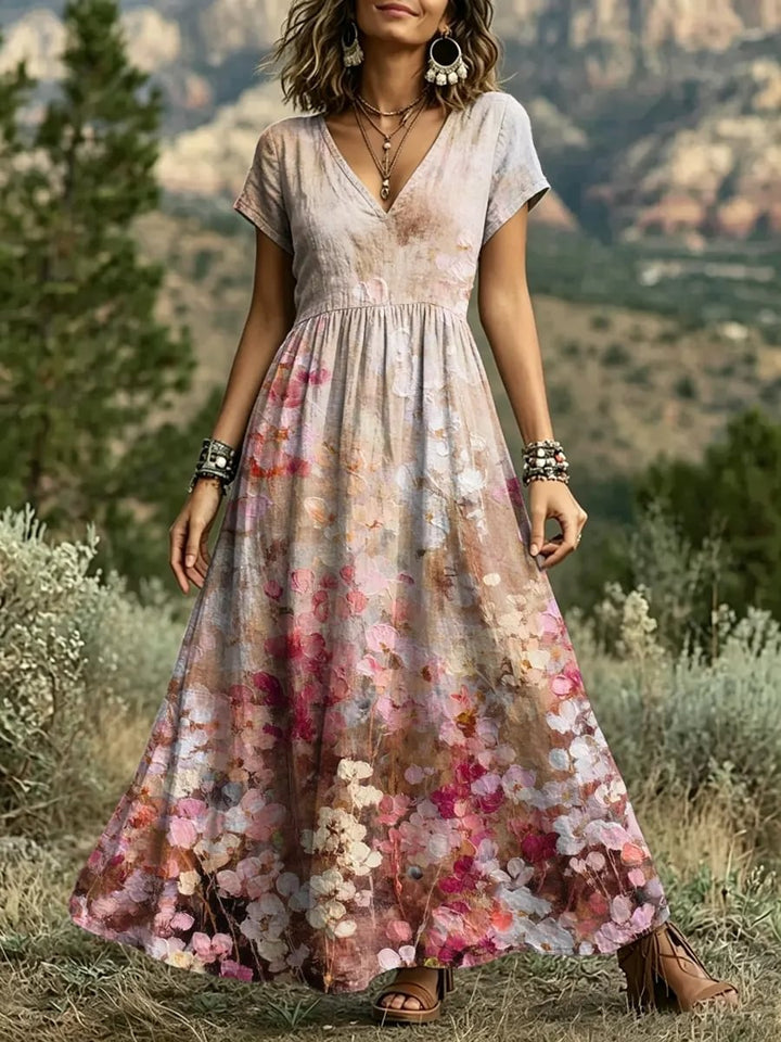 Women's Watercolor Oil Painting Floral Print Cotton V-Neck Maxi Dress