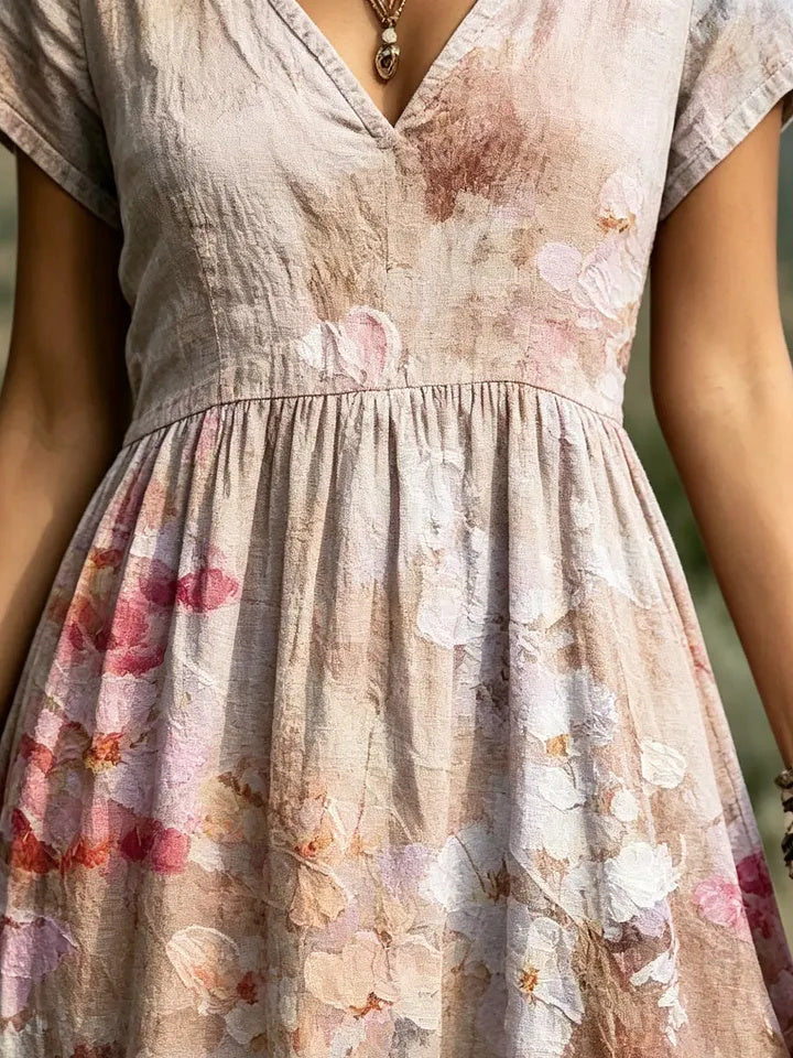 Women's Watercolor Oil Painting Floral Print Cotton V-Neck Maxi Dress