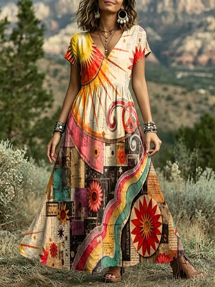 Women's Hippie Sun & Peace Sign Patchwork Print Cotton V-Neck Maxi Dress