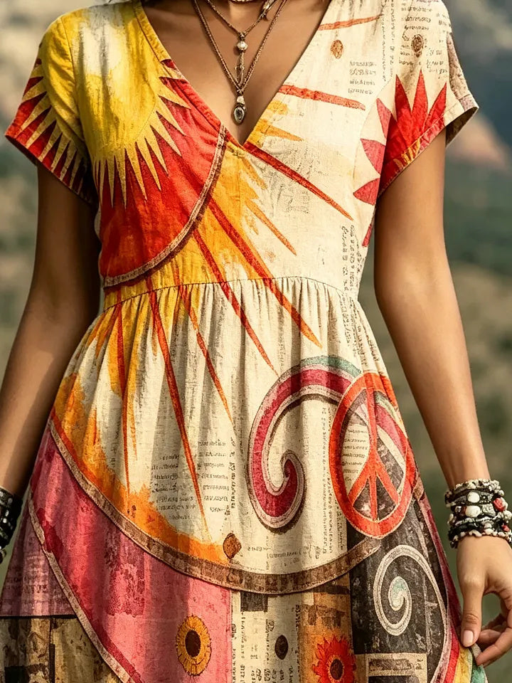 Women's Hippie Sun & Peace Sign Patchwork Print Cotton V-Neck Maxi Dress