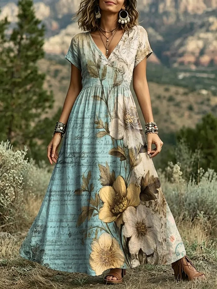 Women's Vintage Botanical Floral Print Cotton V-Neck Maxi Dress