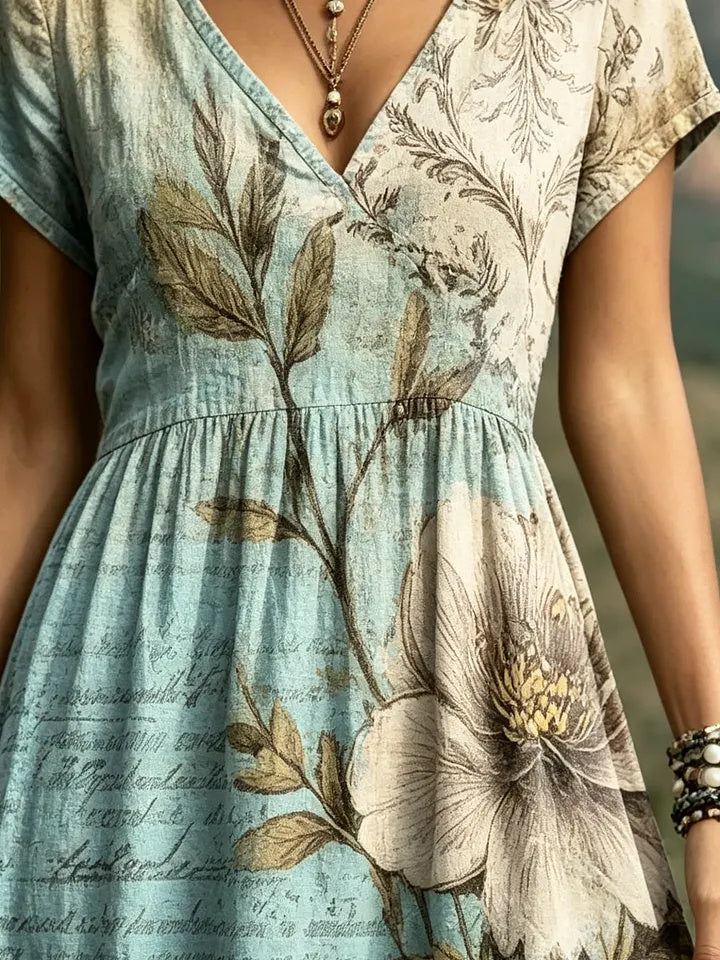 Women's Vintage Botanical Floral Print Cotton V-Neck Maxi Dress