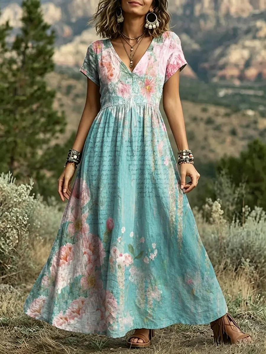 Women's Vintage Letter & Floral Print Cotton V-Neck Maxi Dress