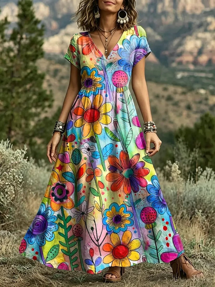 Women's Colorful Hand-Drawn Hippie Floral Print Cotton V-Neck Maxi Dress