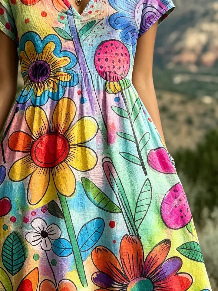 Women's Colorful Hand-Drawn Hippie Floral Print Cotton V-Neck Maxi Dress