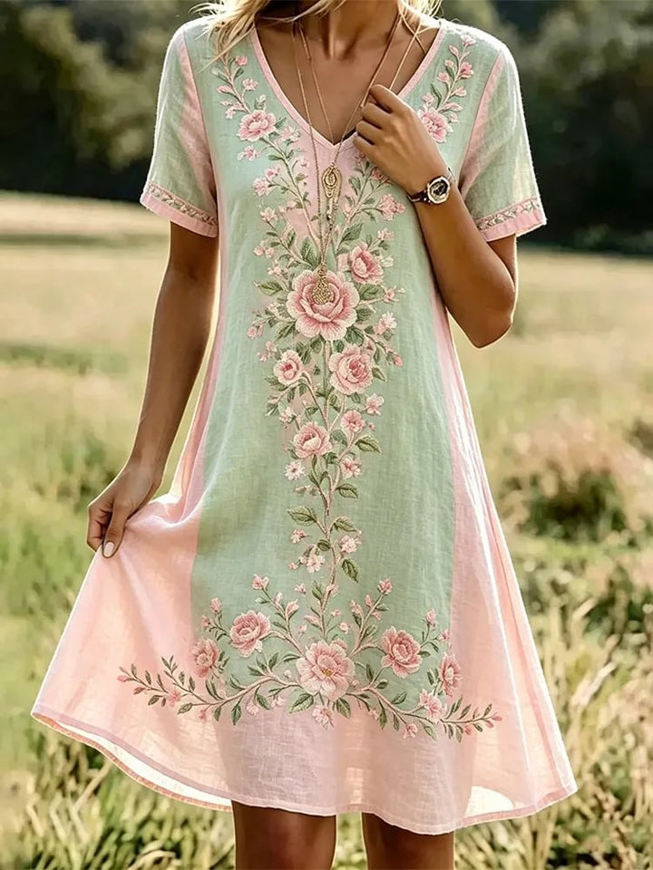 Women's Watercolor Floral Glitter Print Cotton V-Neck Dress