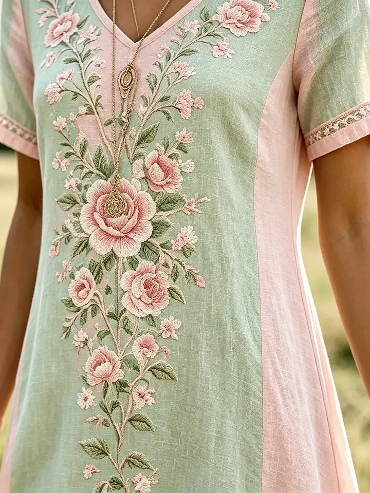 Women's Watercolor Floral Glitter Print Cotton V-Neck Dress