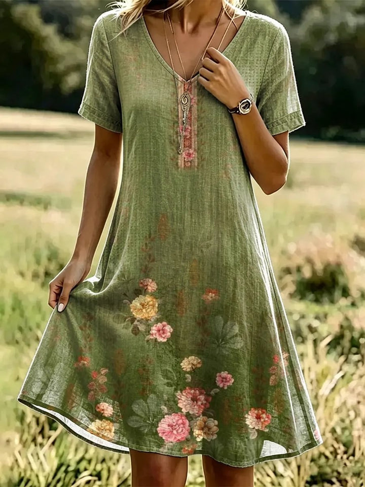 Women's Watercolor Floral Glitter Print Cotton V-Neck Dress