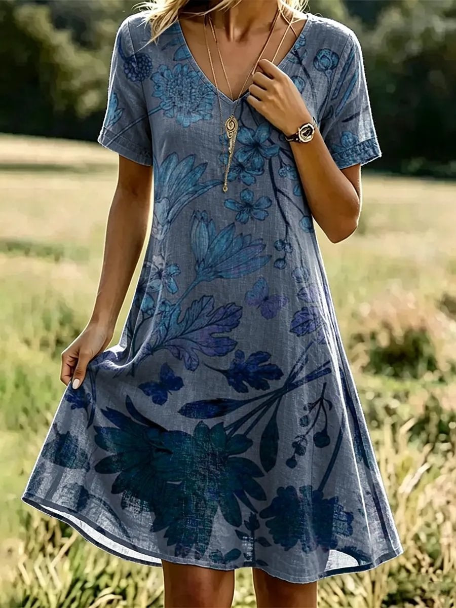 Women's Floral Print Cotton V-Neck Dress