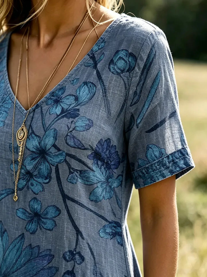 Women's Floral Print Cotton V-Neck Dress