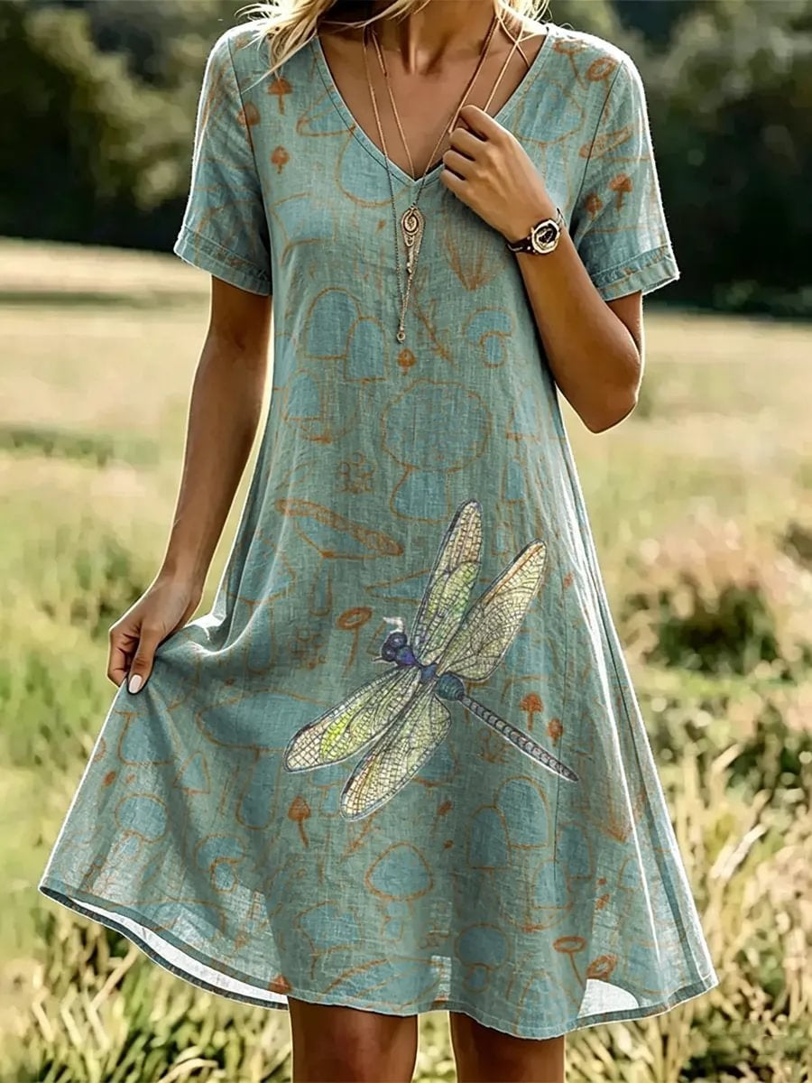 Women's Dragonfly & Mushroom Print Cotton V-Neck Dress