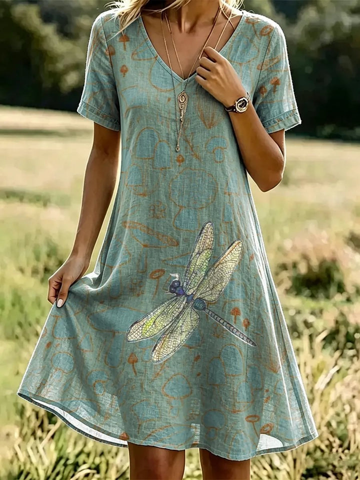 Women's Dragonfly & Mushroom Print Cotton V-Neck Dress