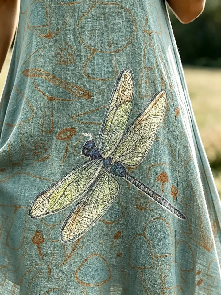 Women's Dragonfly & Mushroom Print Cotton V-Neck Dress