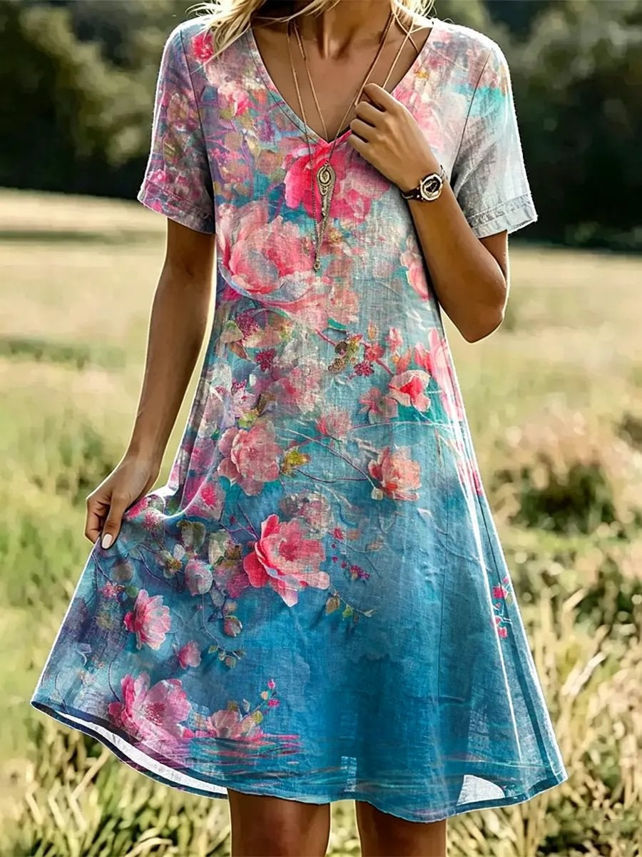 Women's Pink & Blue Watercolor Floral Print Cotton V-Neck Dress