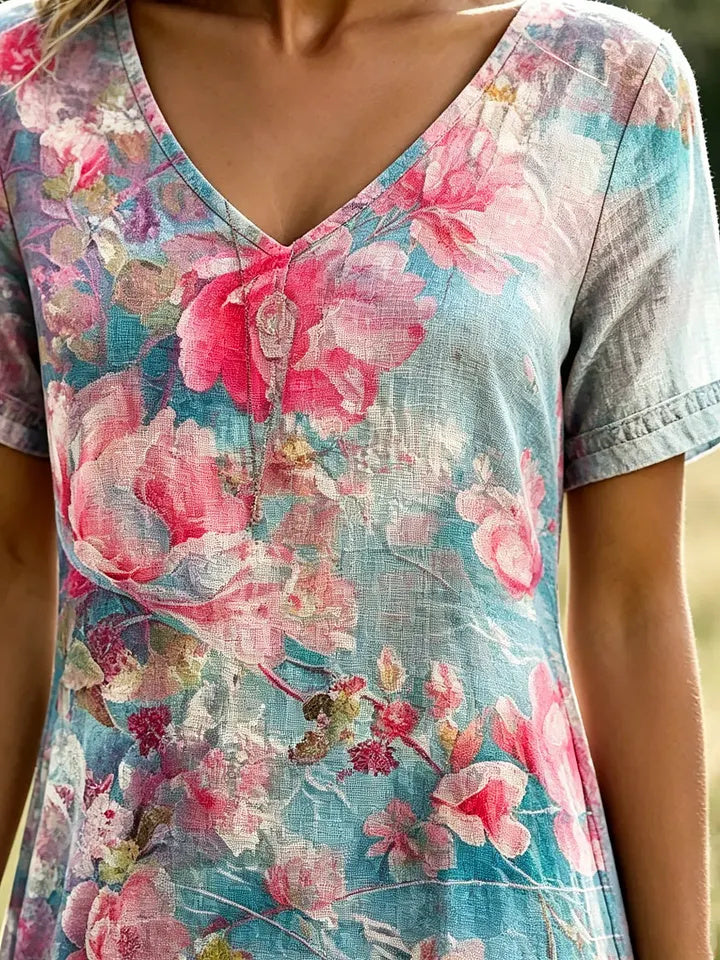Women's Pink & Blue Watercolor Floral Print Cotton V-Neck Dress