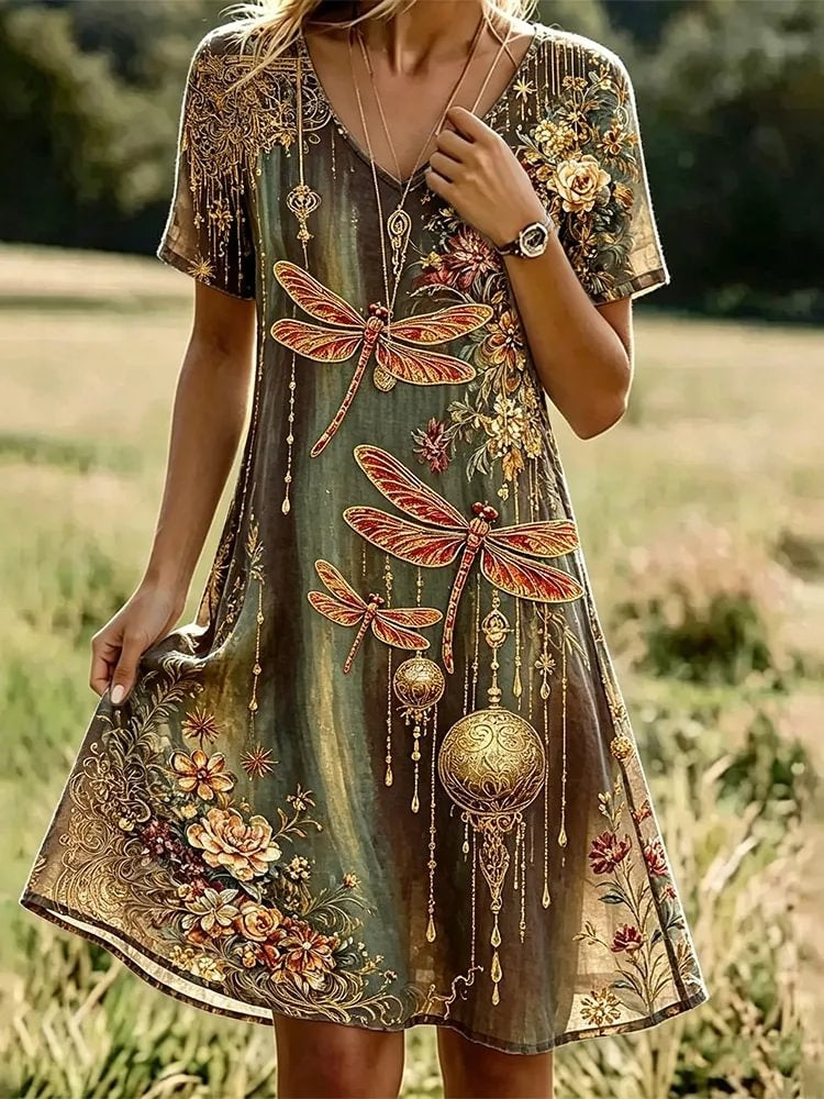 Women's Vintage Dragonfly & Floral Glitter Print Cotton V-Neck Dress