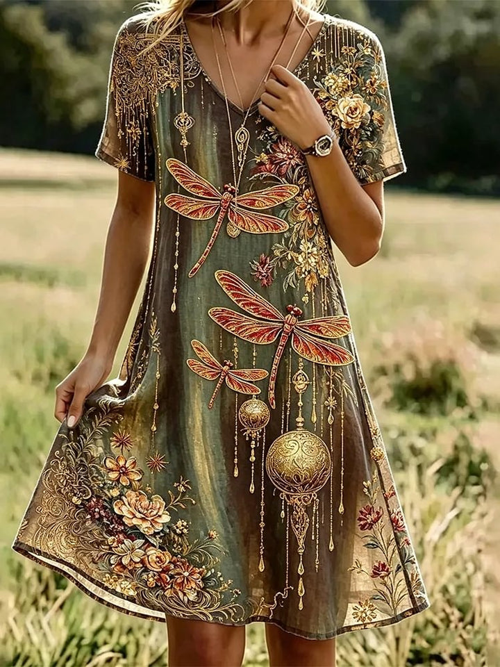 Women's Vintage Dragonfly & Floral Glitter Print Cotton V-Neck Dress
