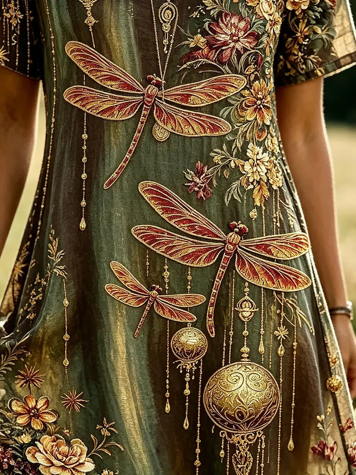 Women's Vintage Dragonfly & Floral Glitter Print Cotton V-Neck Dress