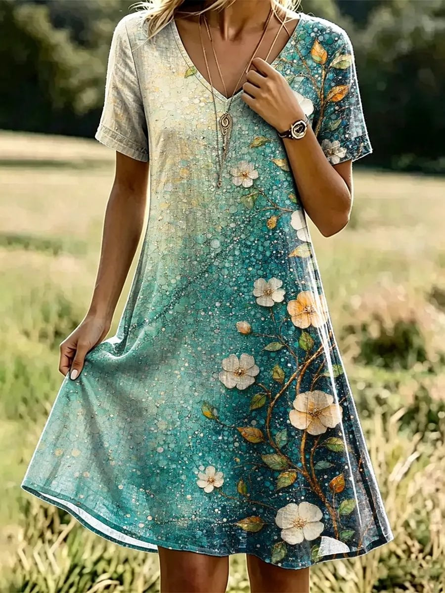 Women's Gradient Watercolor Floral Print Cotton V-Neck Dress