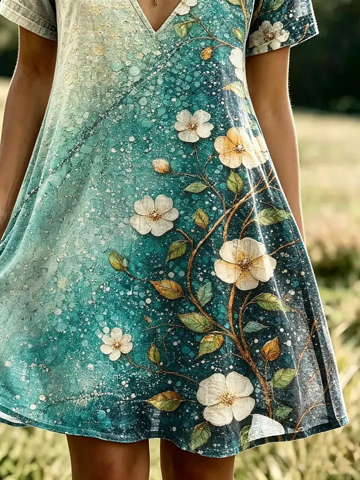 Women's Gradient Watercolor Floral Print Cotton V-Neck Dress