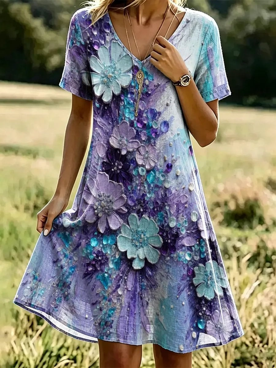 Women's Watercolor Gemstone Floral Print Cotton V-Neck Dress