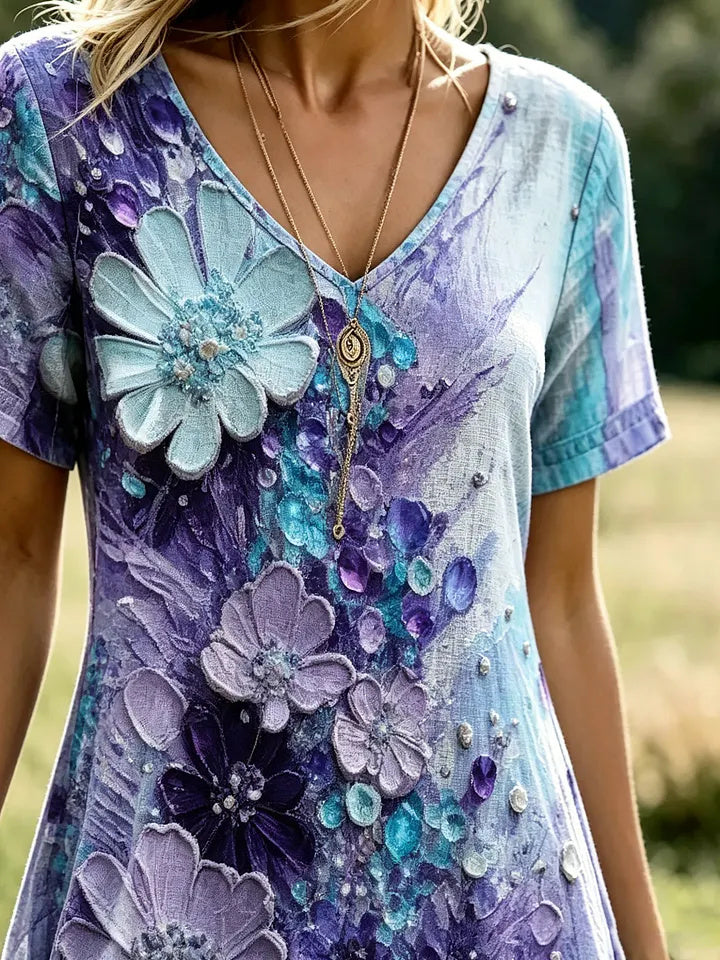 Women's Watercolor Gemstone Floral Print Cotton V-Neck Dress