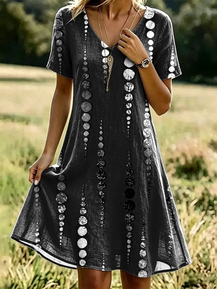 Women's Abstract Polka Dot Art Print Cotton V-Neck Dress
