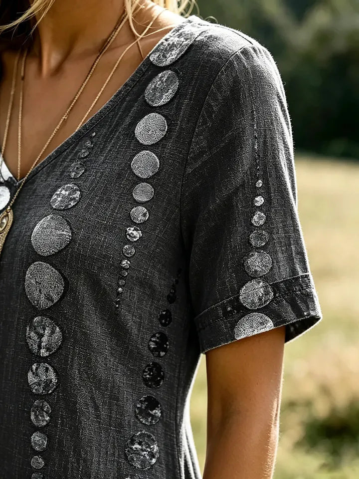 Women's Abstract Polka Dot Art Print Cotton V-Neck Dress
