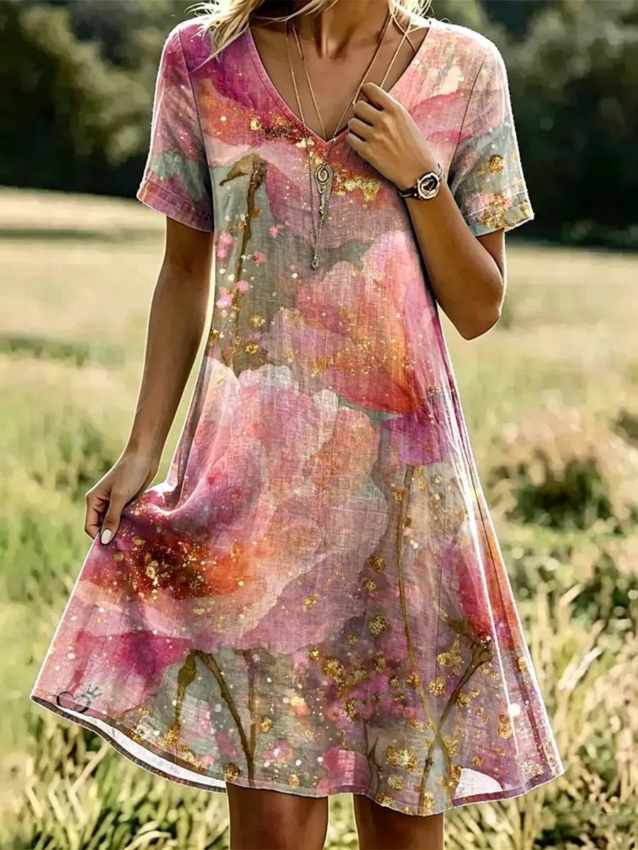 Women's Watercolor Floral Glitter Print Cotton V-Neck Dress