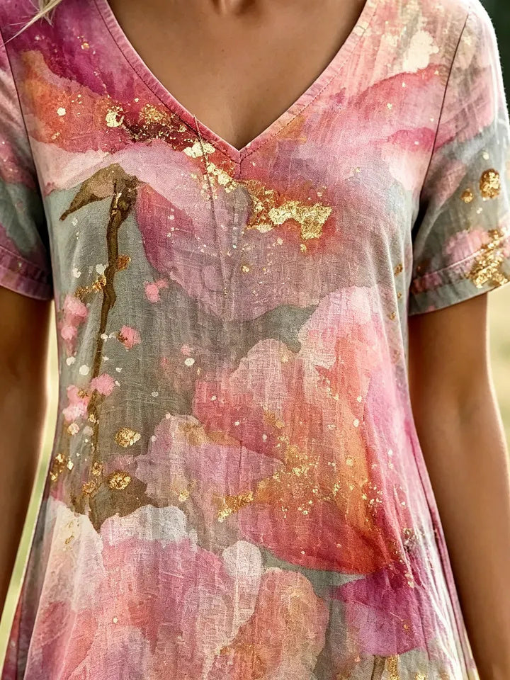Women's Watercolor Floral Glitter Print Cotton V-Neck Dress