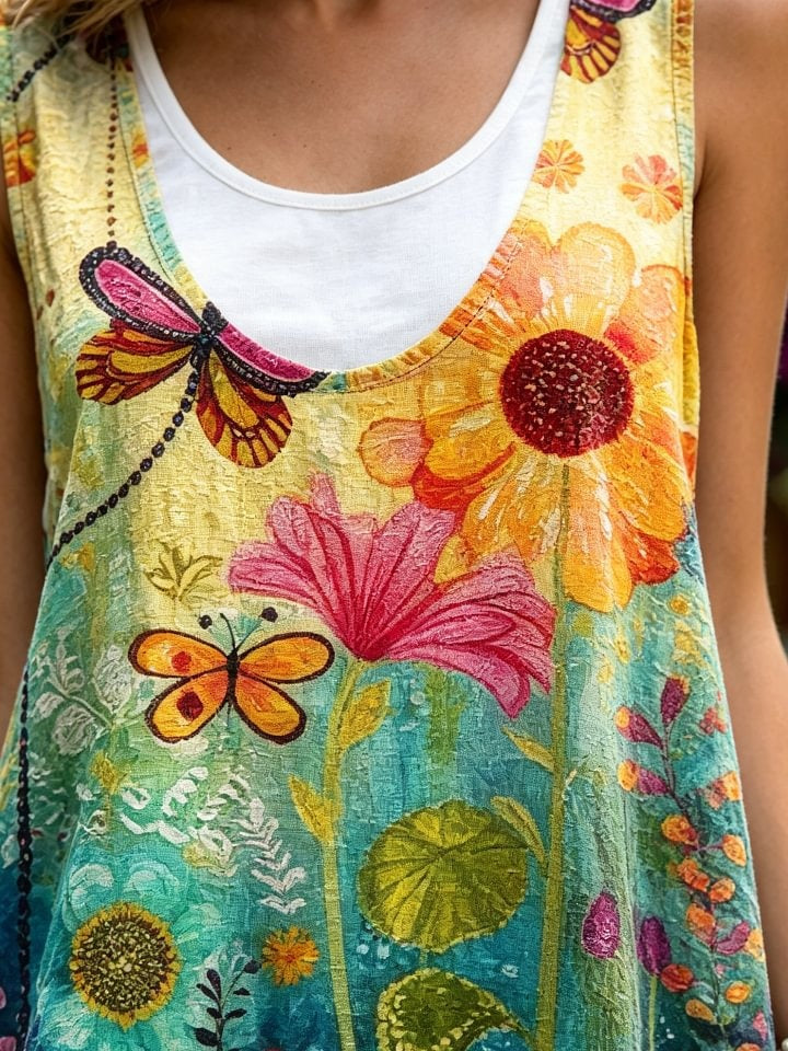 Women's Retro Colorful Floral Art Print Casual Sleeveless Round Neck Dress