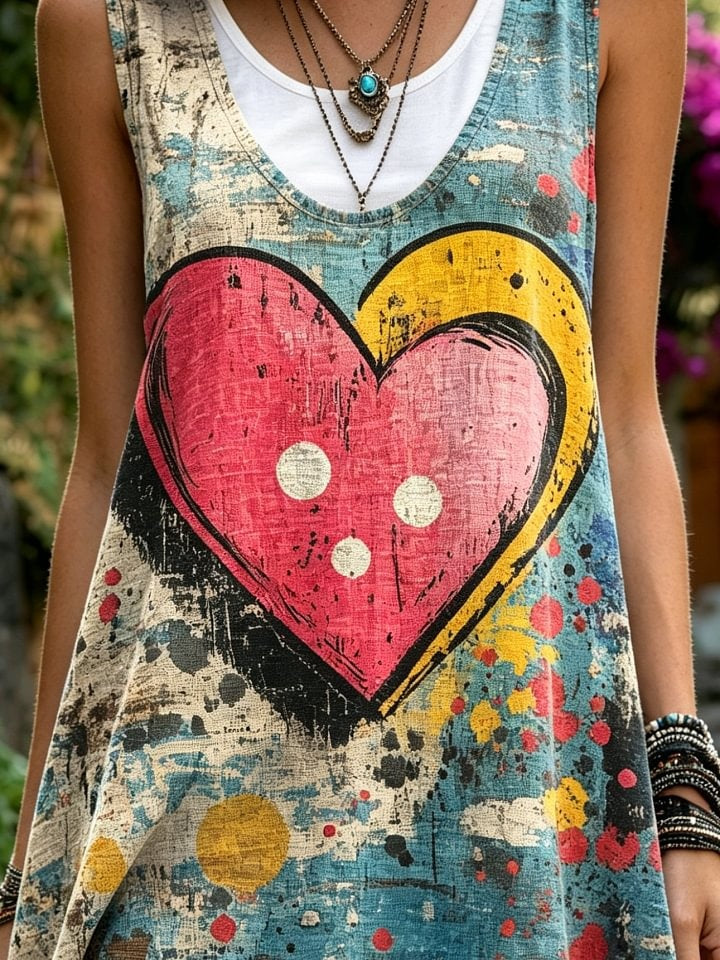 Women's Retro Heart Art Print Casual Sleeveless Round Neck Dress