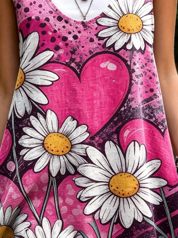 Women's Colorful Heart And Floral Art Print Casual Sleeveless Round Neck Dress