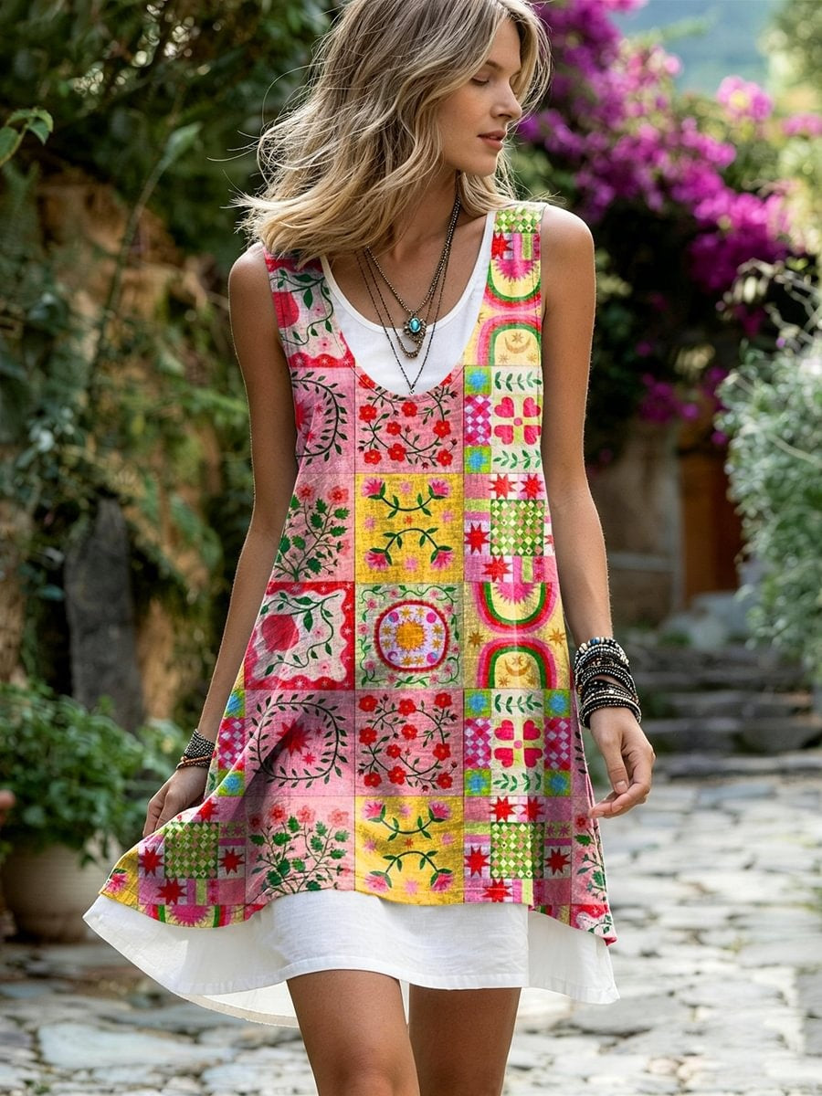 Women's Retro Colorful Bohemian Floral Plaid Art Print Casual Sleeveless Round Neck Dress