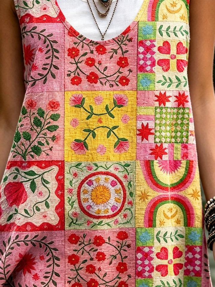 Women's Retro Colorful Bohemian Floral Plaid Art Print Casual Sleeveless Round Neck Dress