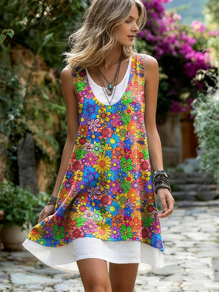 Women's Colorful Hippie Floral Art Print Casual Sleeveless Round Neck Dress