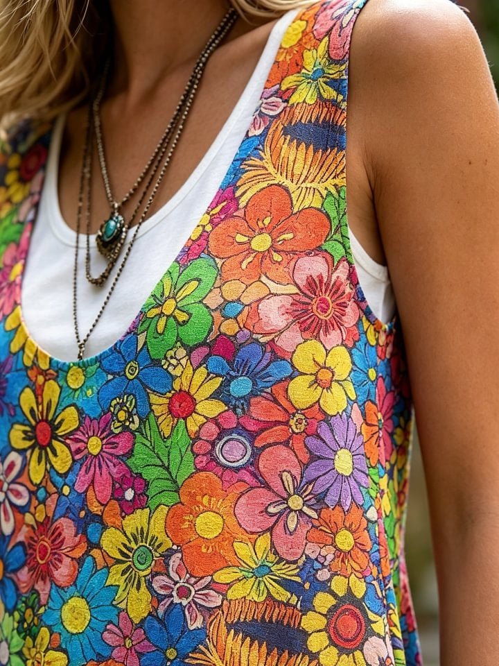Women's Colorful Hippie Floral Art Print Casual Sleeveless Round Neck Dress