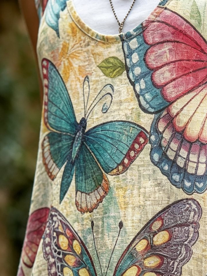 Women's Retro Butterfly Art Print Casual Sleeveless Round Neck Dress