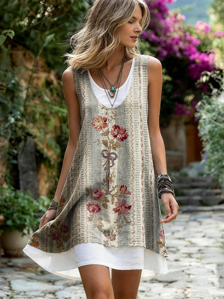 Women's Retro Floral Striped Art Print Casual Sleeveless Round Neck Dress