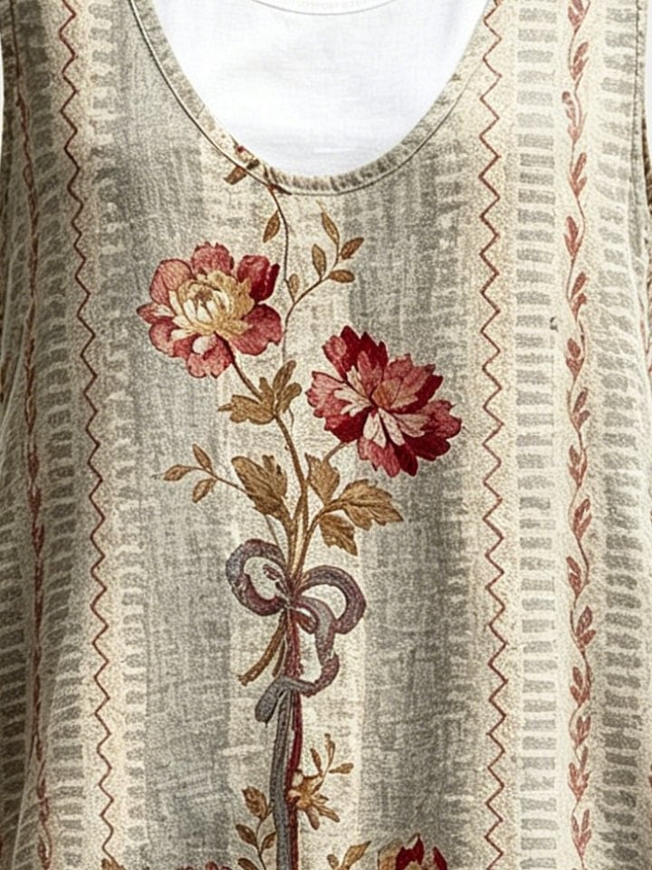 Women's Retro Floral Striped Art Print Casual Sleeveless Round Neck Dress